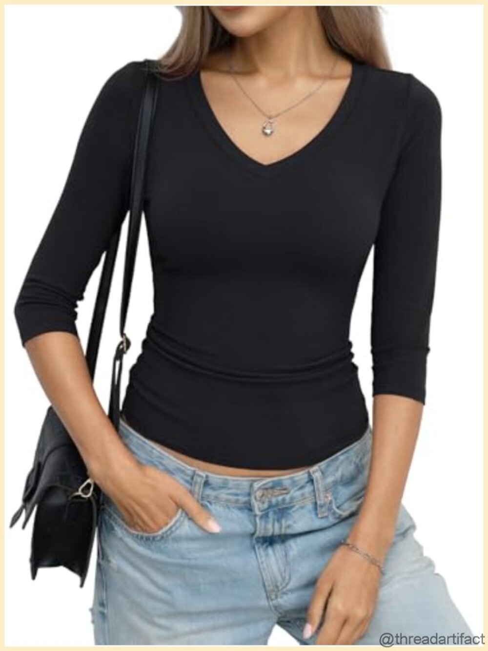 Womens 3/4 Length Sleeve V Neck Fitted Cotton T Shirt Basic Tee